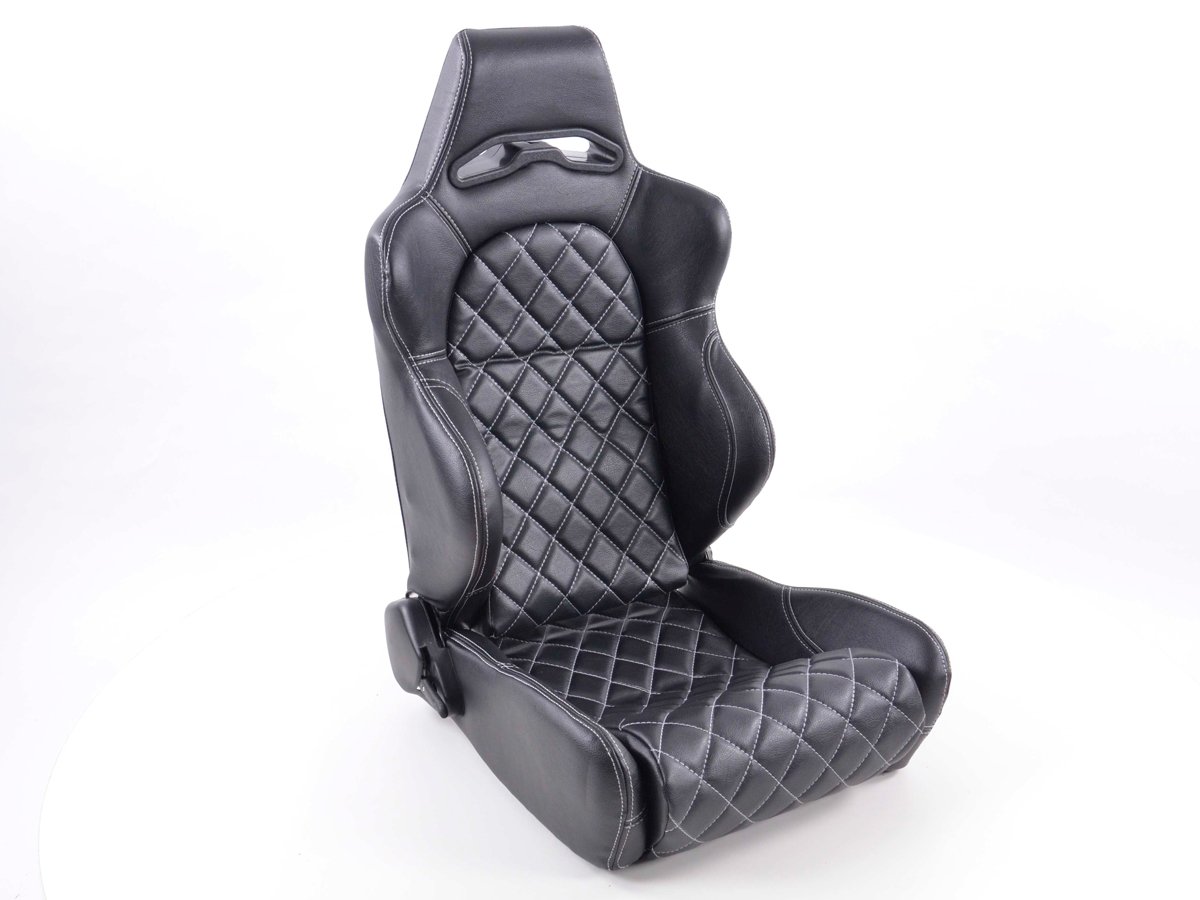 FK-Automotive, set di 2 sedili sportivi (1 destro e 1 sinistro), in finta pelle di colore nero con cuciture bianche