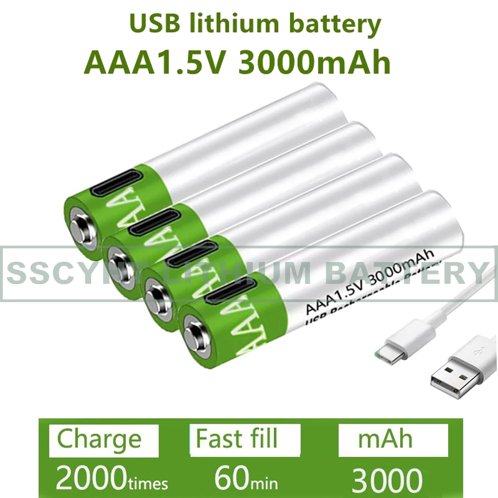 Batteria agli ioni di Litio AAA da 1,5 V a Ricarica Rapida 3000 mAh di Grande capacità con Cavo USB Batteria Ricaricabile Batteria al Litio Riutilizzabile 1200 Volte,4pcs 1.5v3000mah