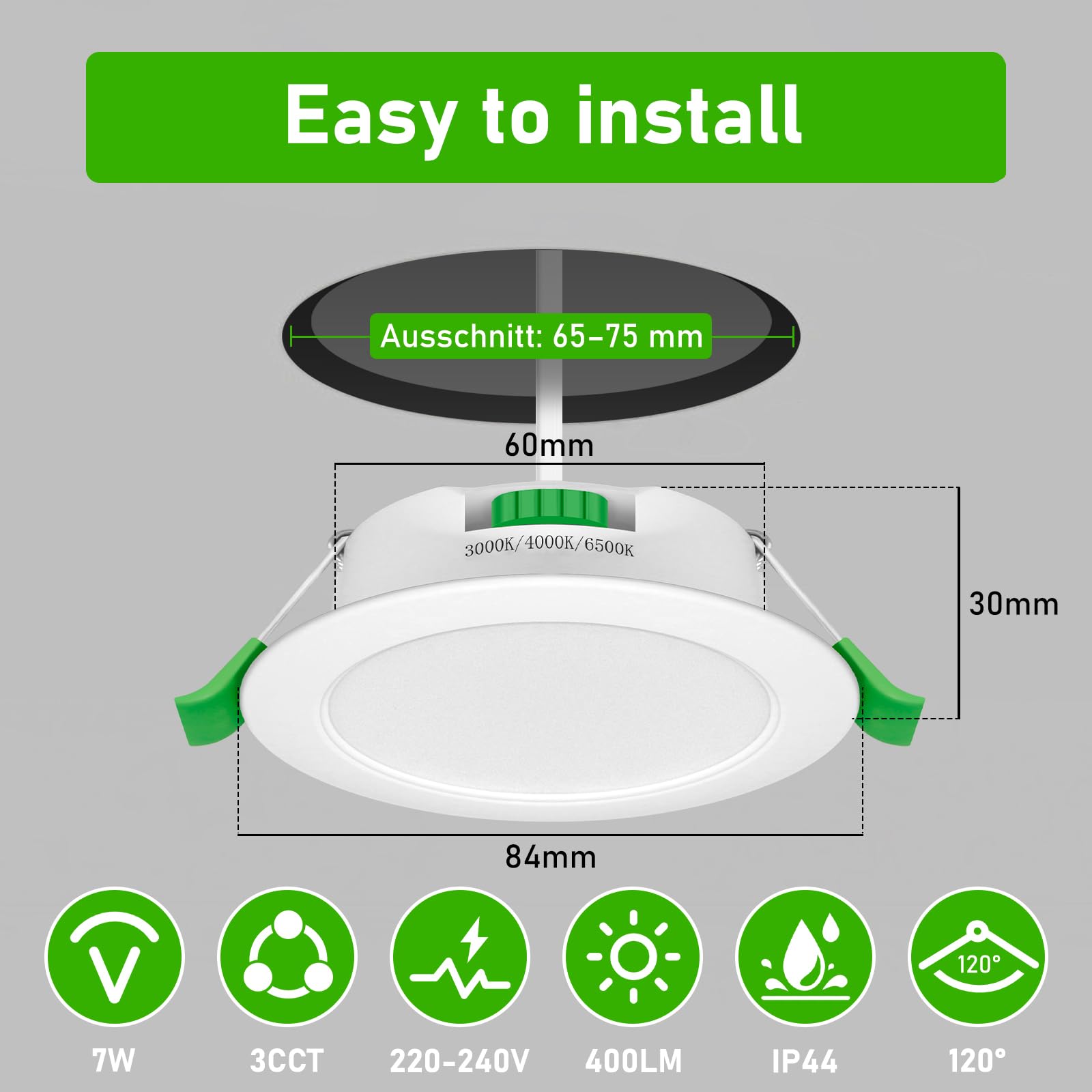 Faretti LED da Incasso per Cartongesso 230V, 7W Foro Ø 65-75mm Faretti Incasso Cartongesso Ip44, Dimmerabile, Luce Calda 3000K Luce Neutra 4000K Luce Freddo 6500K, Set di 24