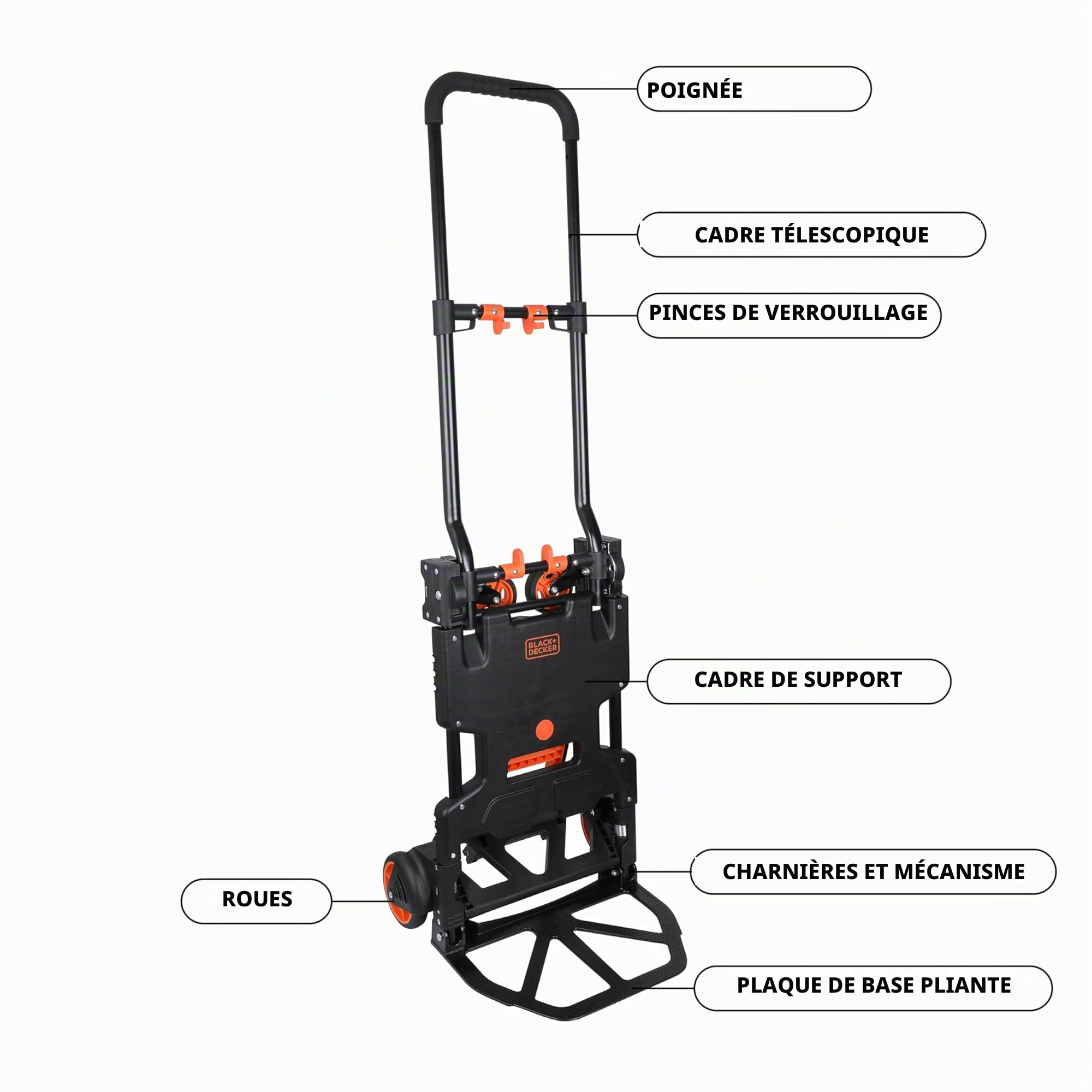BLACK+DECKER 2-en-1 Diable et Chariot Transport Pliable Max. 55KG et Max. 120KG - Diable Pliant Max. 120KG - avec Roues Solides - Plastique/Acier