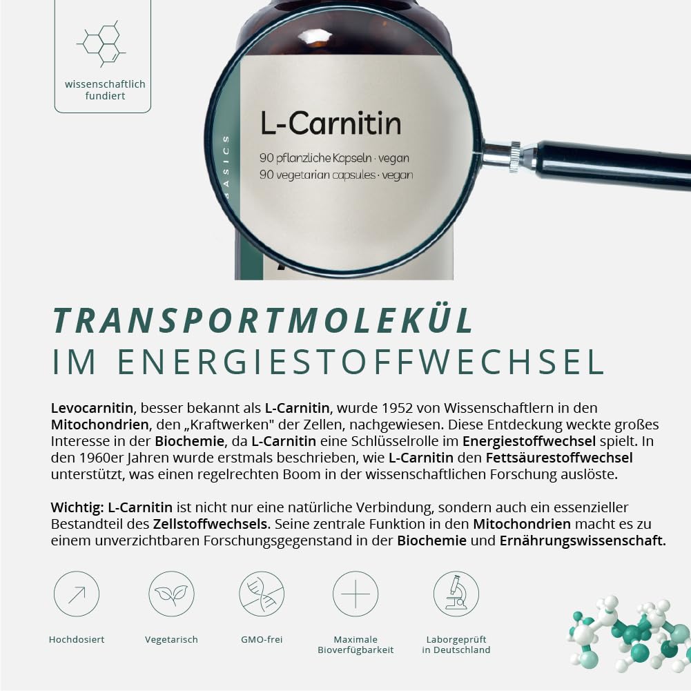 L-Carnitin Kapseln – 1000 mg L-Carnitin Tartrat pro Tagesdosis - Hochdosiert 180 Kapseln für 90 Tage – Vegan & Ohne Zusätze