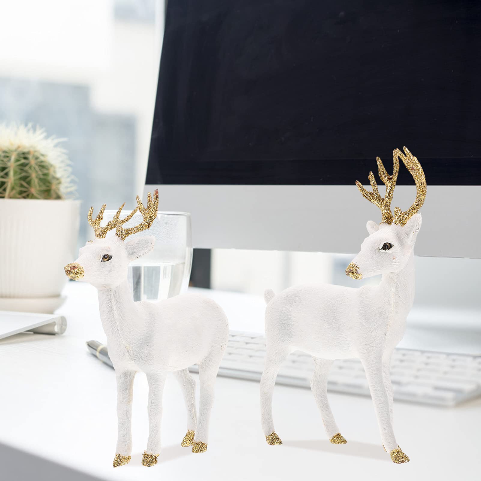 YARNOW 2 Pièces Ornements Cerf De Simulation Blanc Figurines De Cerf Sika Décoration Maison Bureau Noël Décorations Table Salon Cadeau Festif