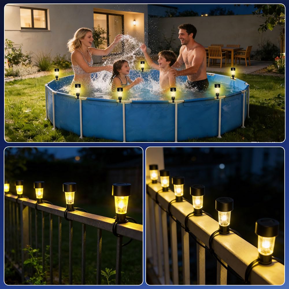 Set di 10 luci solari per piscina con fascette per cavi, illuminazione fluorescente bianca calda, 4,5 cm, per bordo piscina, recinzione, giardino, piscina, bar, decorazione per feste