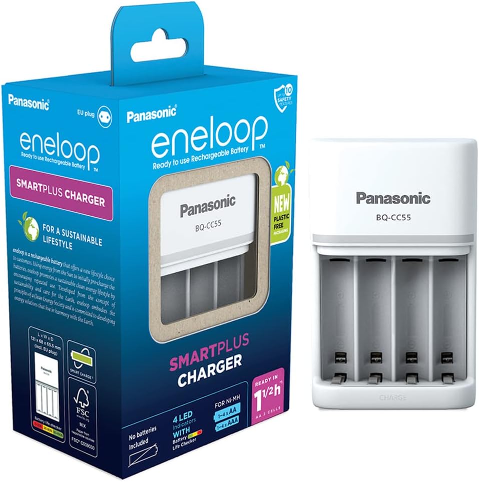Panasonic eneloop SmartPlus. Cargador, para 1 a 4 Pilas AA/AAA Ni-MH, con 4 Indicadores LED y 10 Funciones de Seguridad