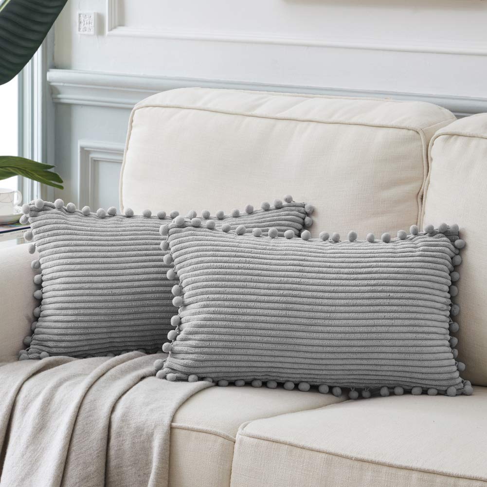 Fancy Homi Pack of 2 Boho Grey Lumbar Decorative Throw Pillow Covers with Pom-poms, Soft Corduroy Solid Rectangle Cushion Cases Set for Couch Sofa Bedroom Car Living Room (12x20 Inch/30x50 cm, Gray) โ image 1