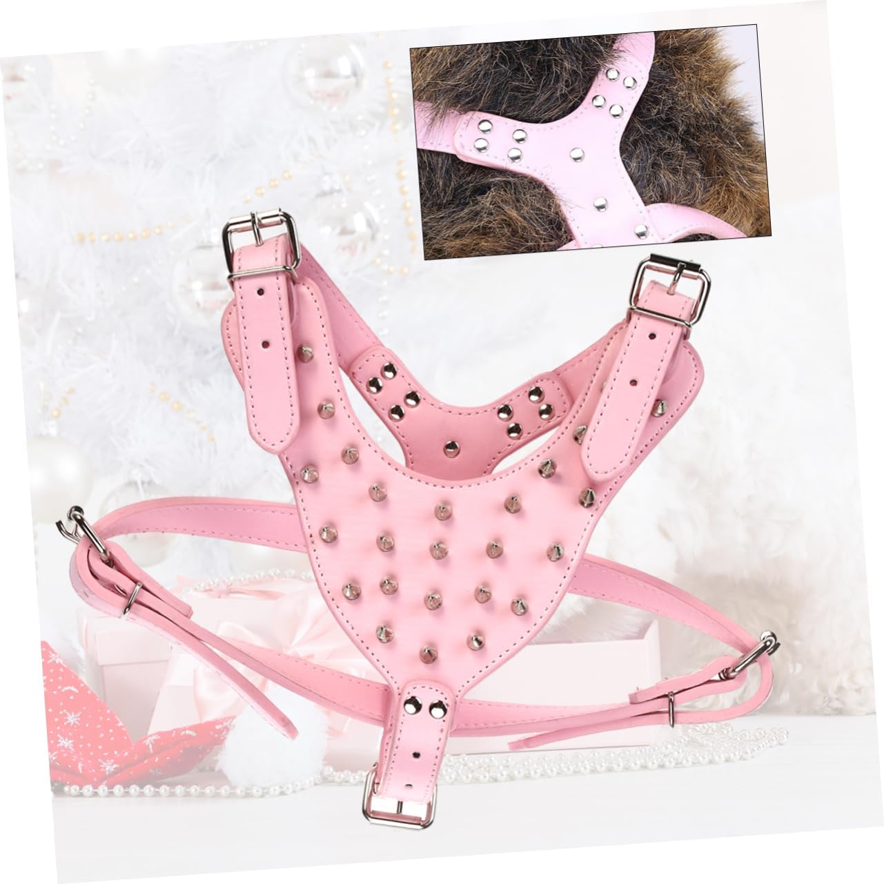 Kisangel Spike Studded Pu Dog Harness for Terriers Pink Pet Vest Chest Neck Flexible Material for Comfortable Movement