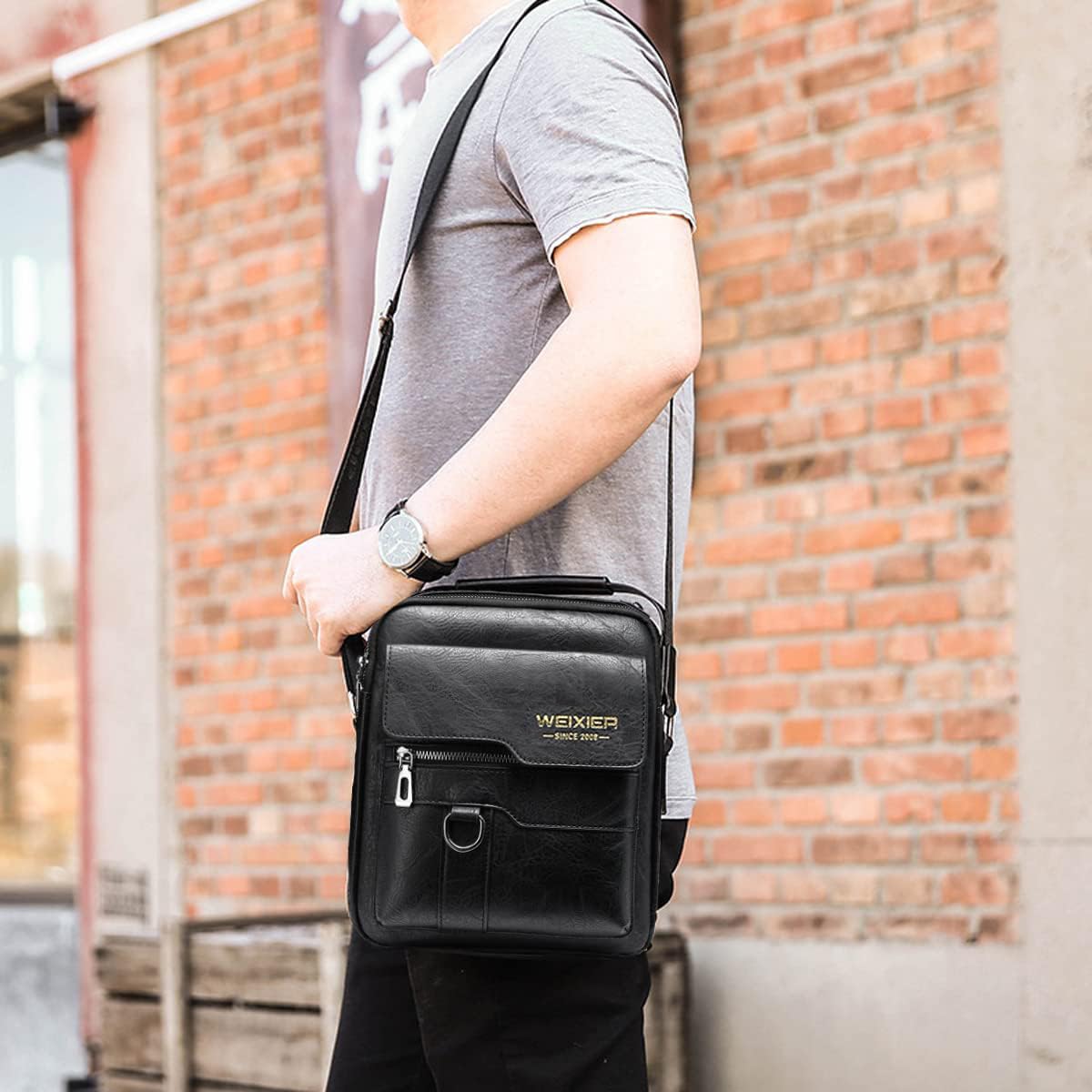 Bandoleras Hombre Cuero Bolso de Bombro Pequeña Mariconera Cruzada Bolso de Negocios Mano Hombre Vintage Bolsas de Trabajo Teléfono Cartera Monedero para Viajes,Compras (Negro Bolso Bandolera Hombre)