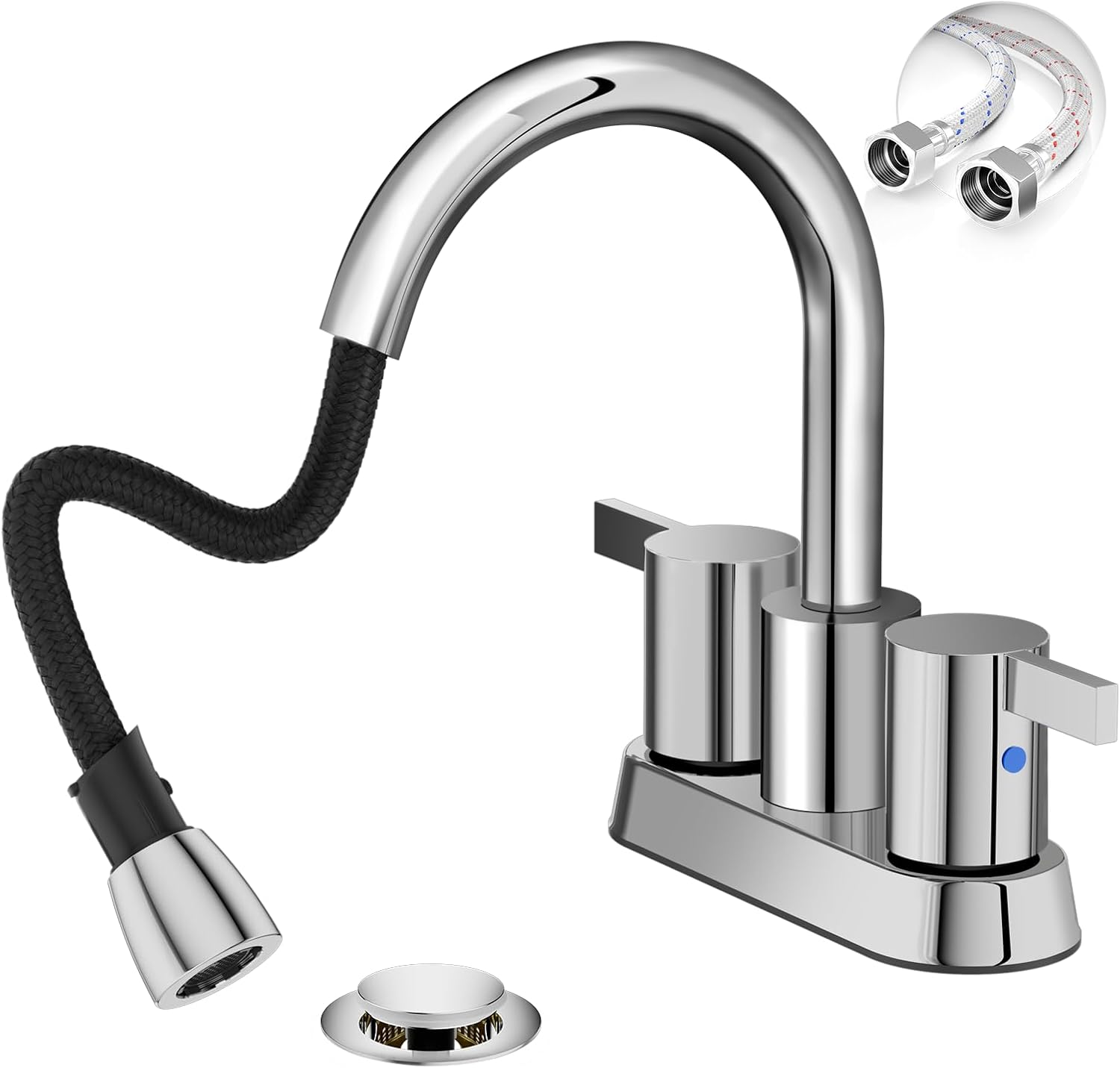 Phiestina Pull Down Sprayer Chrome 4 Inch Centerset Bathroom Faucet, 3 Hole Pull Out Bathroom ...