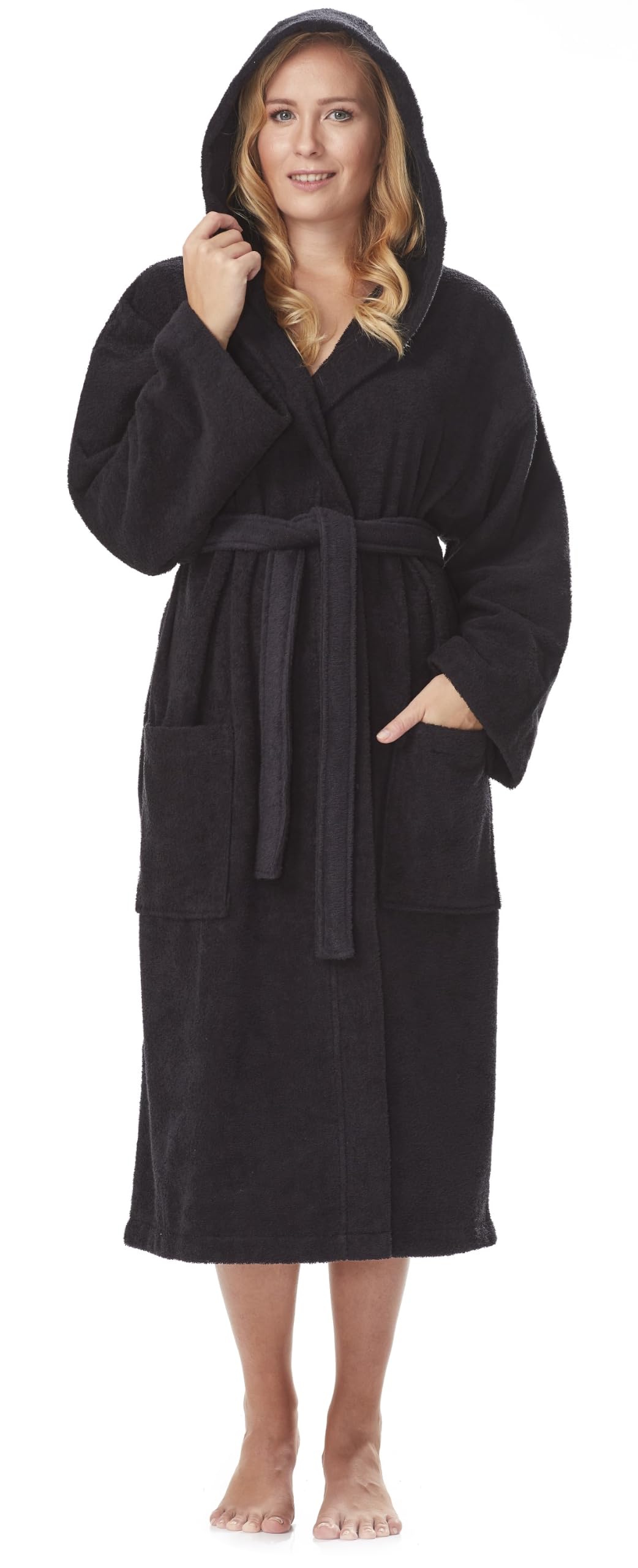 Arus Accappatoio Donna 100% Cotone, Spugna, Cappuccio, Polpaccio | Morbido accappatoio in spugna con cintura e 2 ampie tasche, ideale per doccia, sauna, spa e piscina.