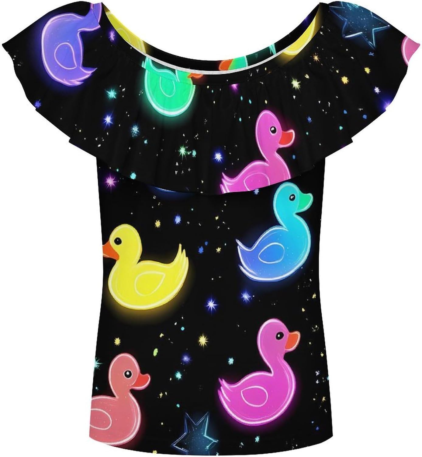 Rubber Ducks Glowing Night Sky Stars Girls T-Shirts Top Ruffle Short Sleeve Blouse Casual Graphic Tees