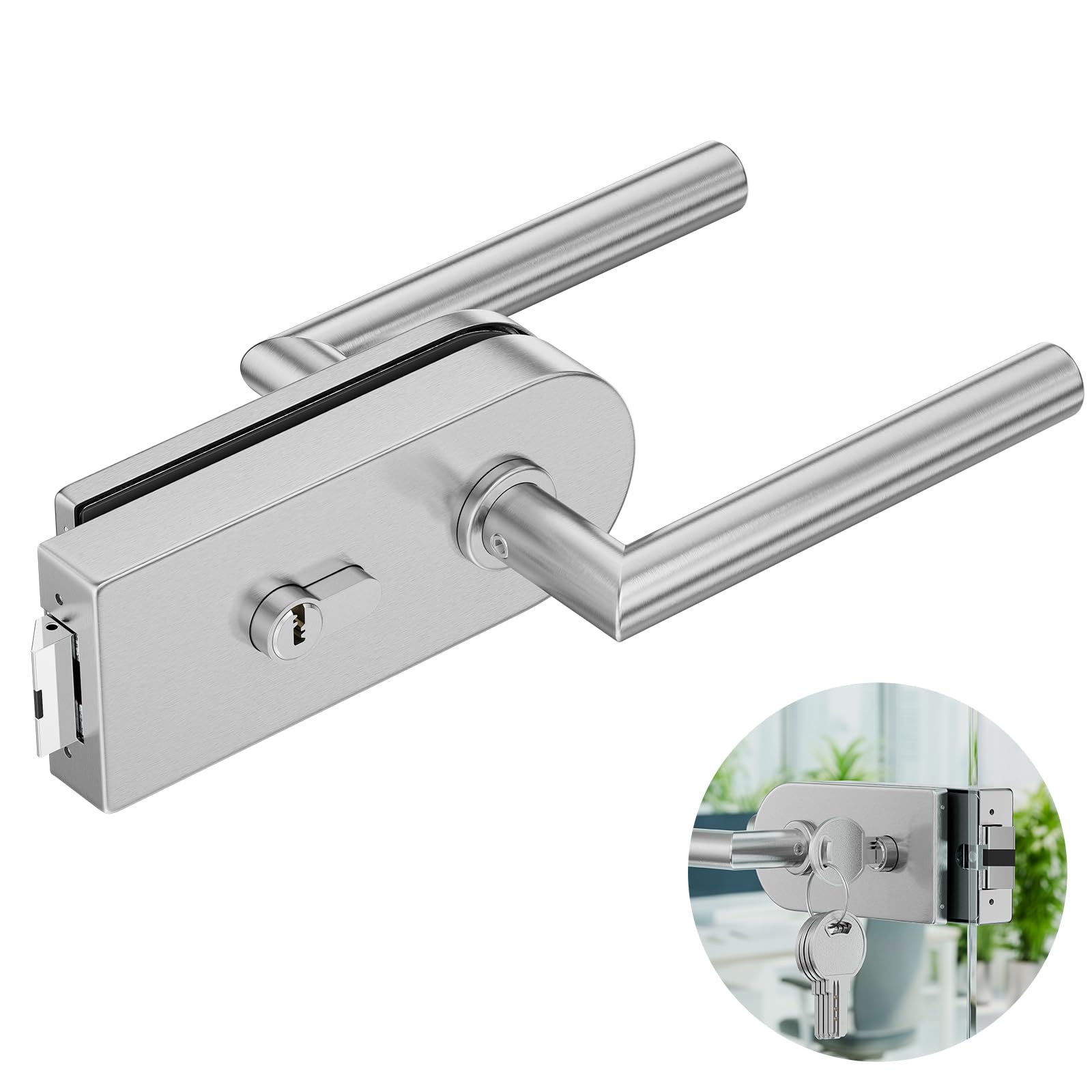 Ranbo Cerradura para Puerta de Cristal sin Marco, Plata Cepillada | Acero inoxidable 304 con cilindro, llaves y manillas a ambos lados, para cristal templado de 8–12 mm