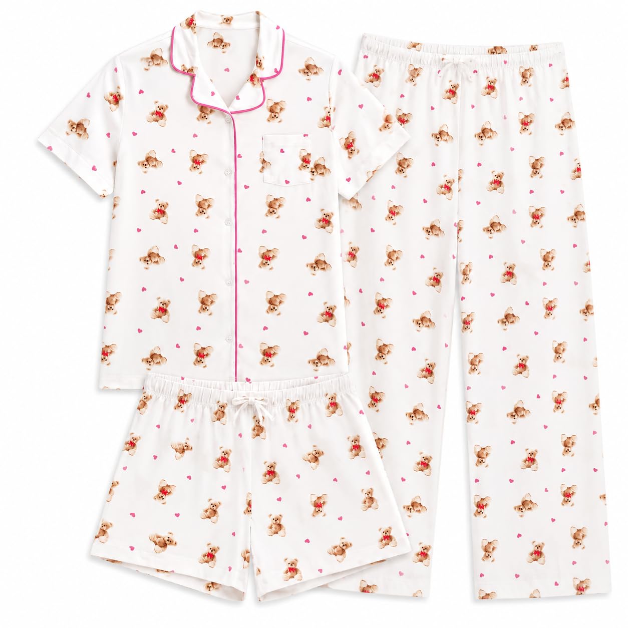 US Angels Girls Pajama Set 3 Piece, Short Sleeve Button Down PJs with Shorts &amp; Pants, Soft Sleepwear Girls &amp; Tweens Size 5-16