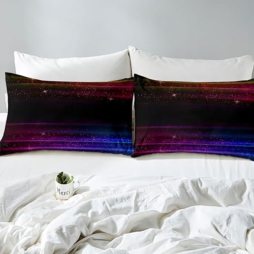 Miniatura 5 de Juego de edredón negro degradado, juego de ropa de cama para niños con diseño de galaxia, galaxia, degradado, morado, azul, amarillo, a rayas, juego