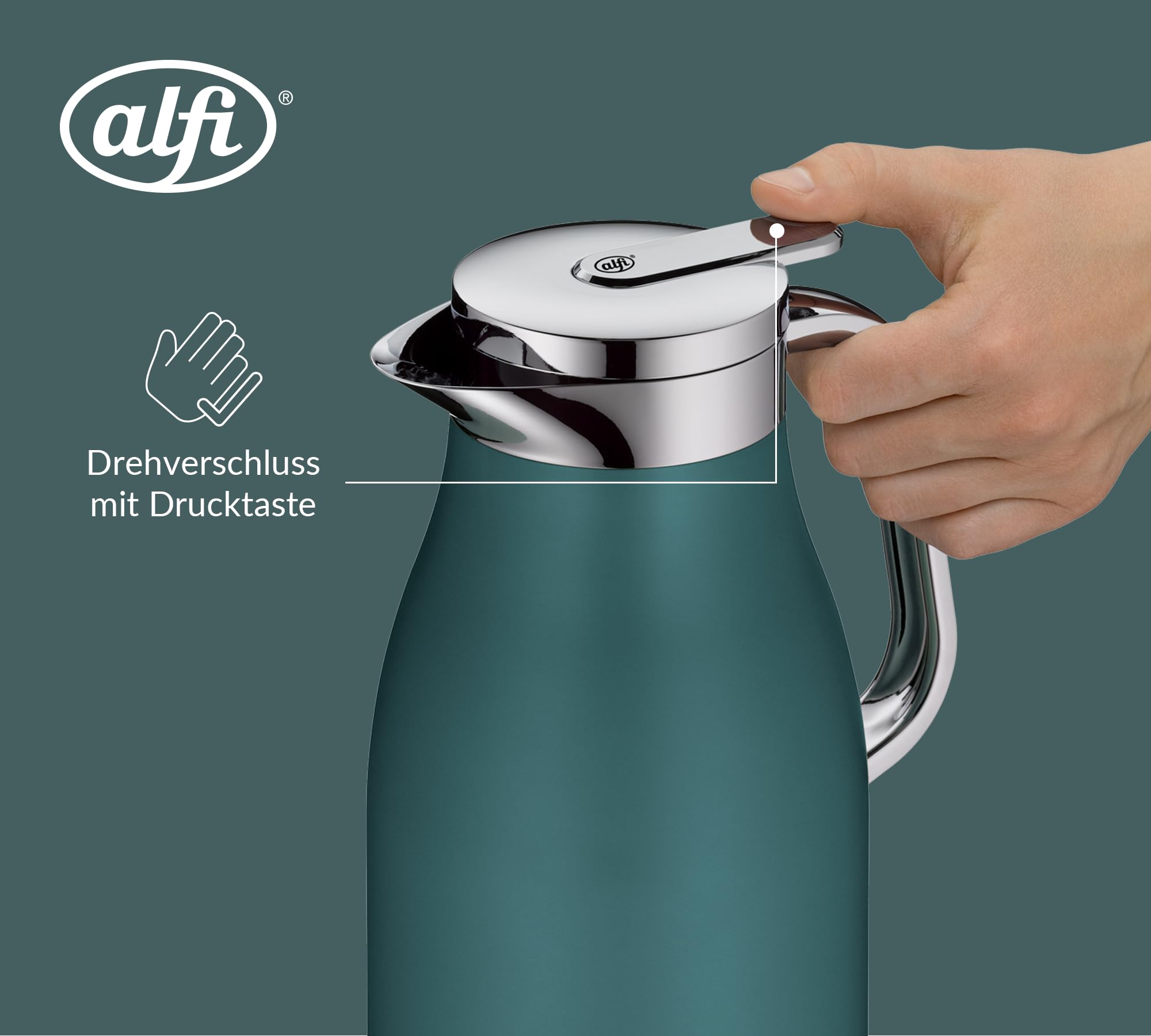 alfi SKYLINE 1,0l, sea pine, Edelstahl-Isolierkanne mit hygienischem Hartglaseinsatz, Drehverschluss mit bequemer Drucktaste, ergonomischer Griff, ideal als Kaffeekanne, Teekanne, BPA-frei