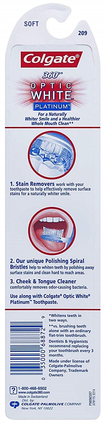 Colgate 360 Optic - Spazzolino da denti in platino, morbido, 2 pezzi (confezione da 3) per un totale di 6 spazzolini da denti