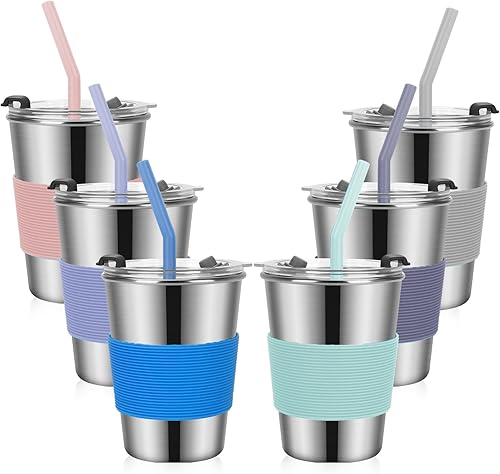 Miniatura 10 de Vasos para niños con pajitas y tapas, vaso de 12 onzas a prueba de derrames, con tapas, de acero inoxidable, para la escuela, al aire libre, paquete