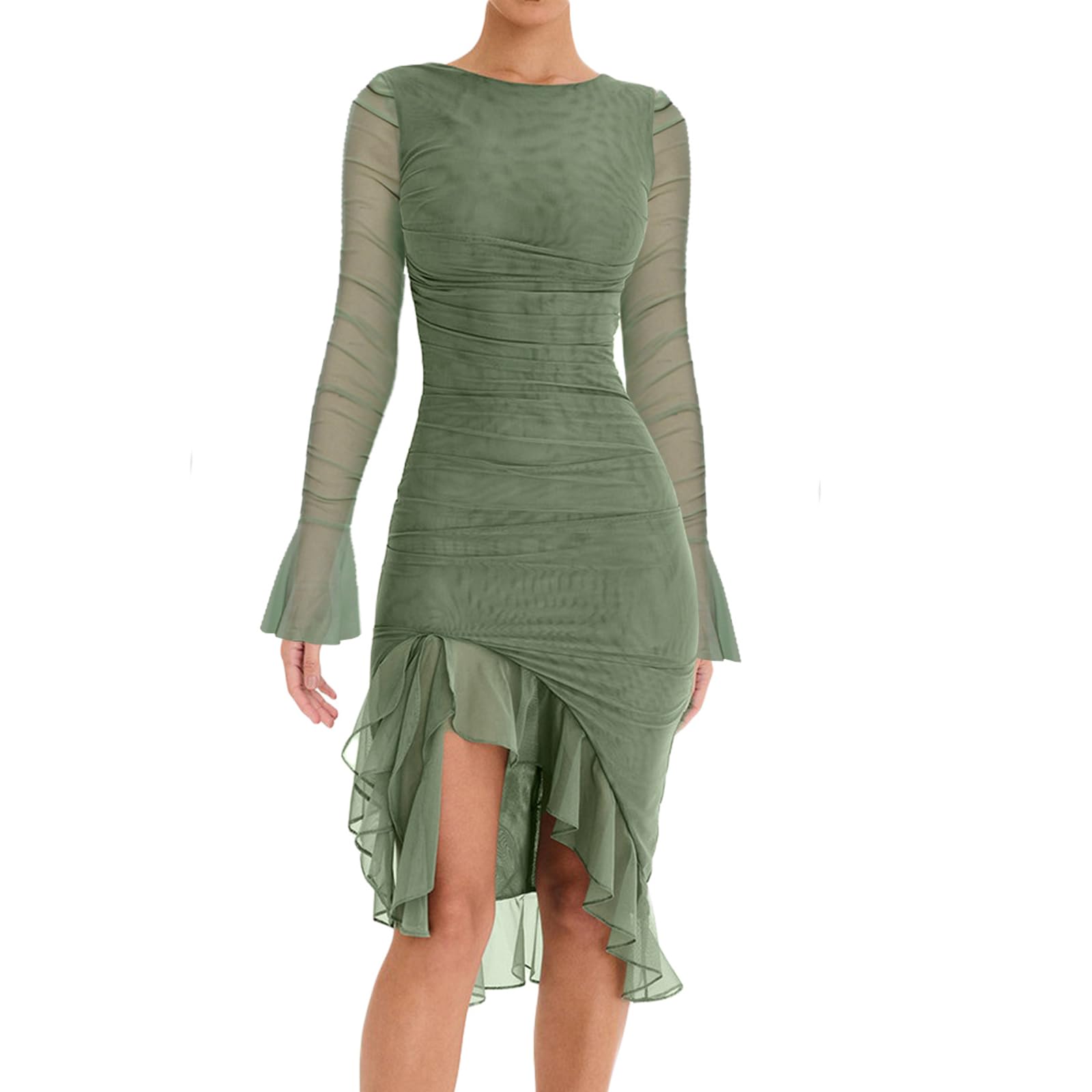 Honganda Women's Elegant Bodycon Midi Dress Long Sleeve Ruffle Hem Mermaid Tail Spring Fall Dress Cocktail Party