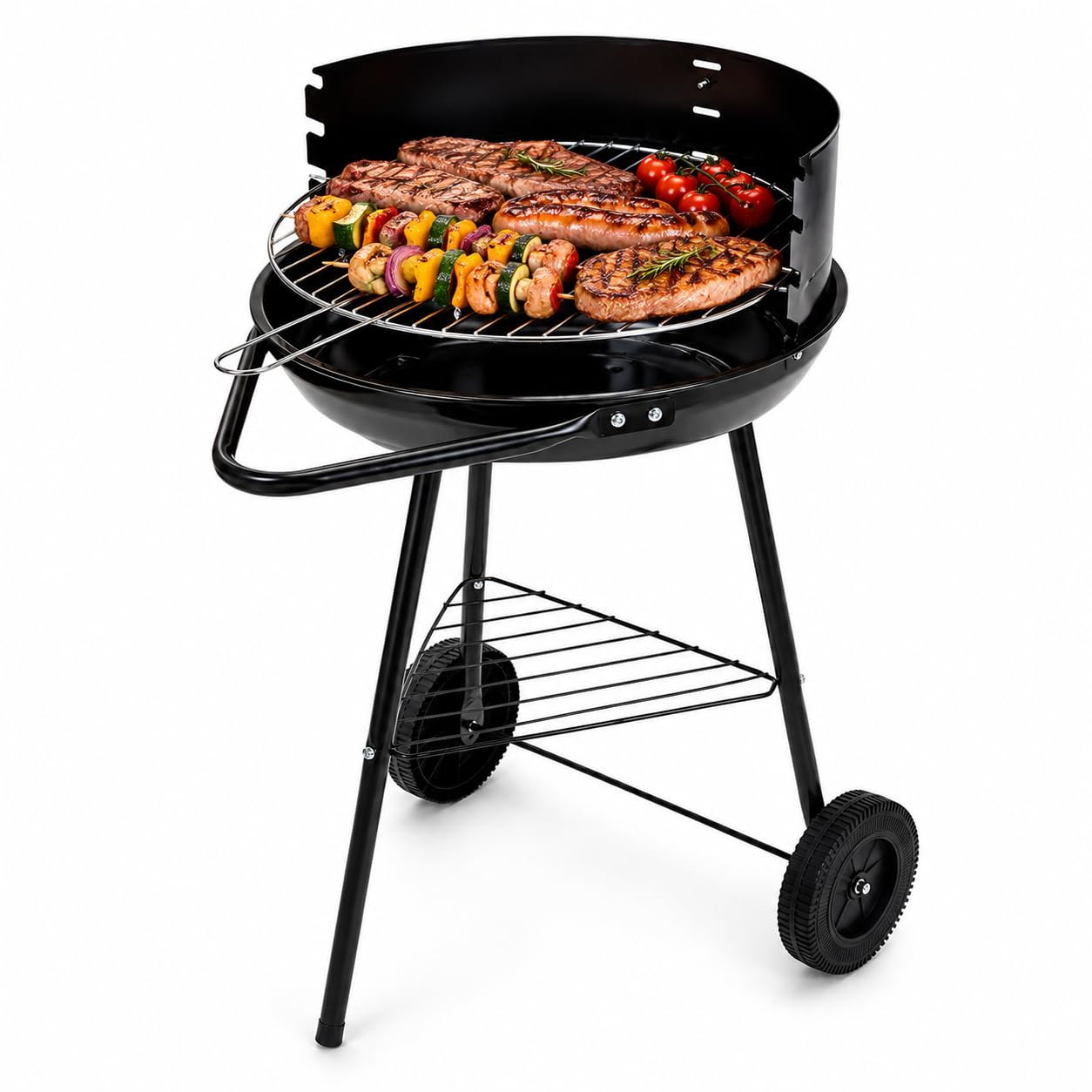 BBQ Barbecue a Carbone 58x40x40cm | Griglia Rotonda Giardino Balcone Terrazza | Acciaio Smaltato Nero, Griglia Cromata Ø38cm, Ruote, Ripiano | Certificato TUV GS | Carbonella Weber Compatibile