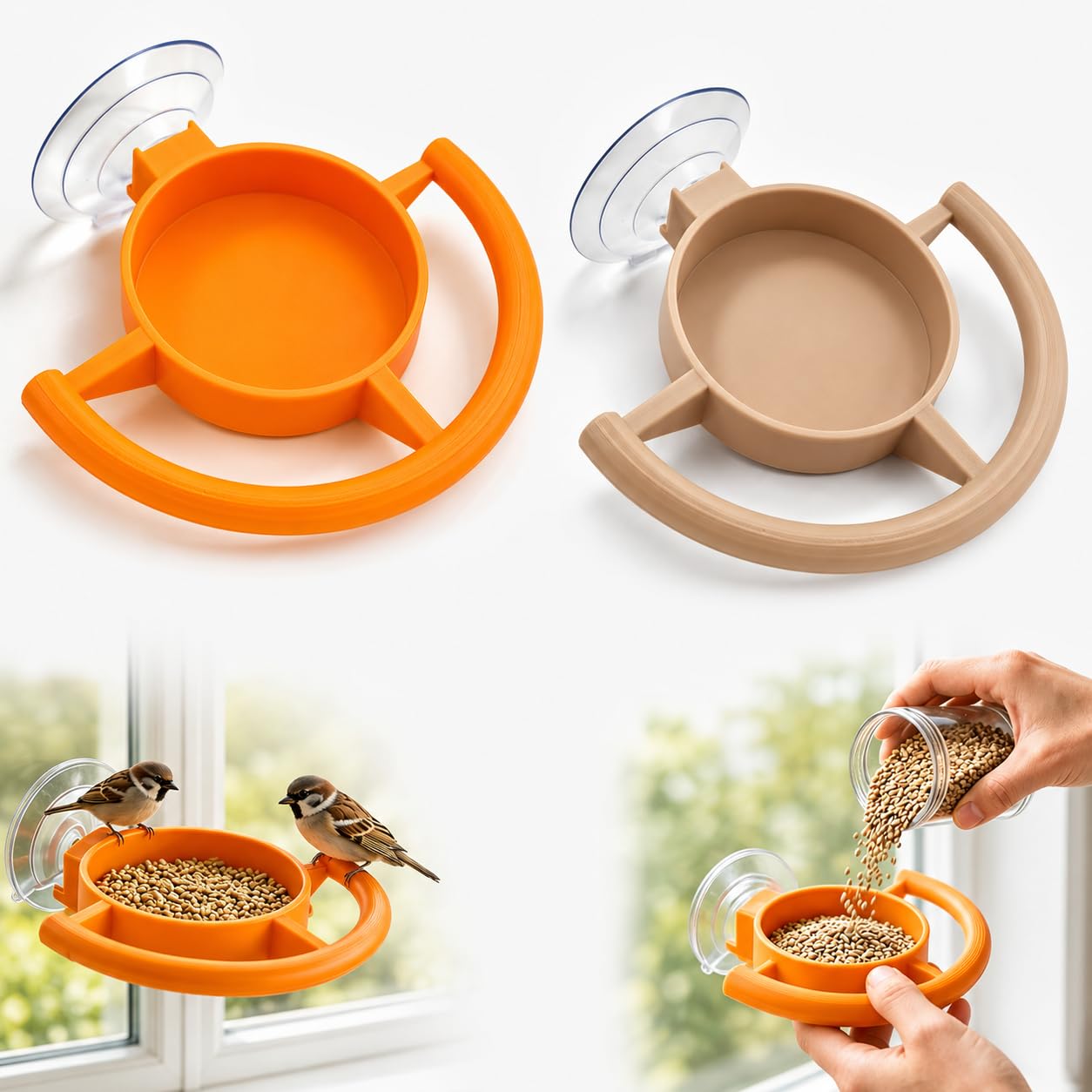 Window Bird Feeder, 2pcs Bird Feeder Window Set with Strong Suction Cups Holder, for Easy Bird Watching and Garden Feeding, for Multiple Viewing Options(Orange, Wood Colour)
