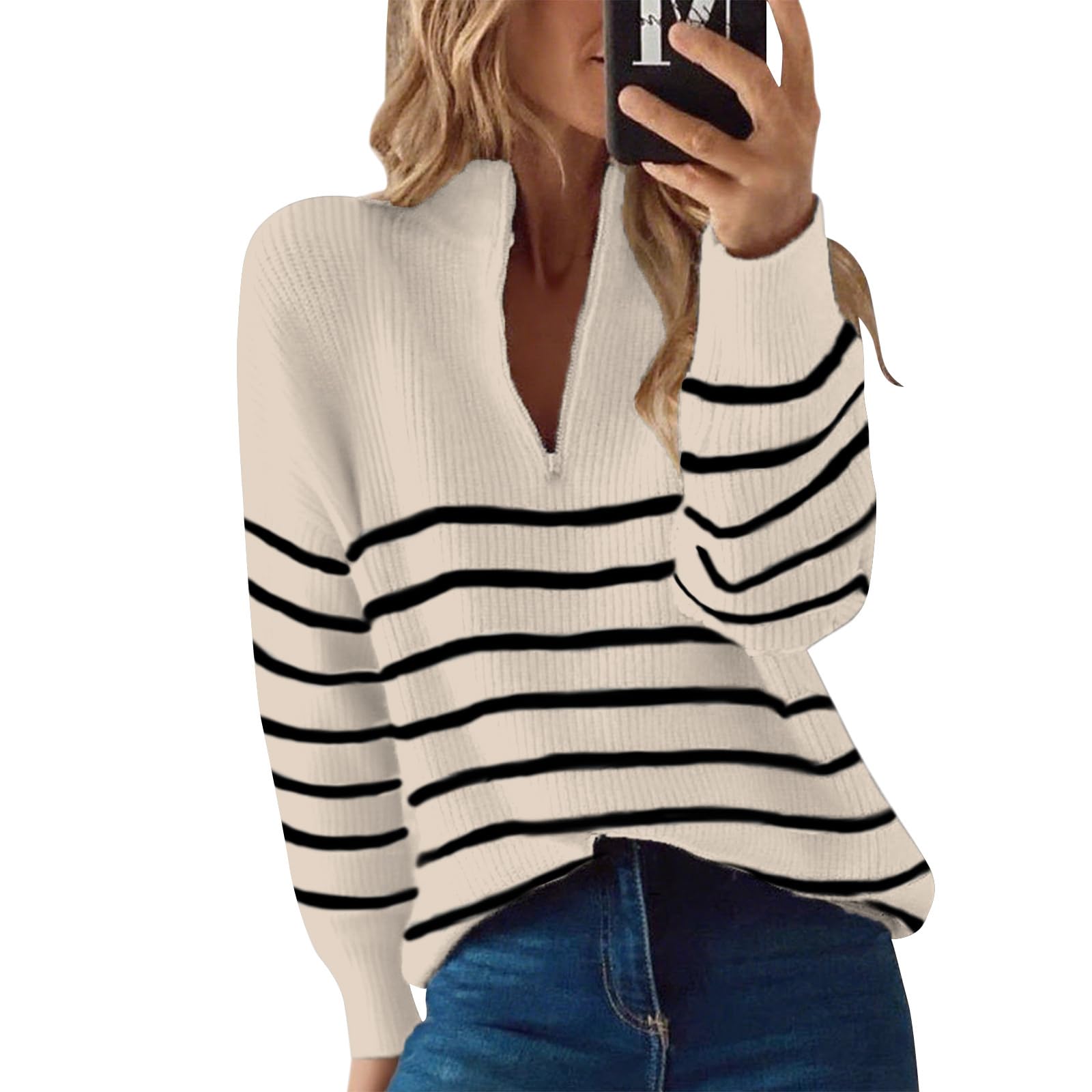 Womens Turtleneck Sweater Casual Striped Quarter Zip Winter Outfits Chunky Long Sleeve Knit Pullover Collared Fall Tops