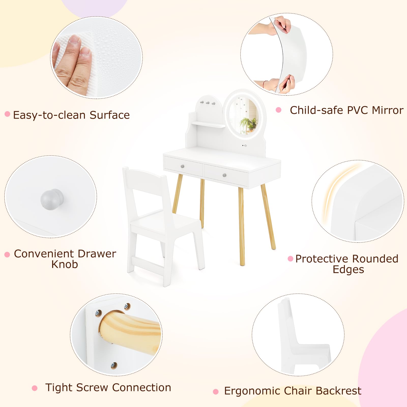 DREAMADE Schminktisch Kinder, Schminktisch aus Holz mit 2-Farbiger LED-Lichtern, Kinderschminktisch mit offener Ablage & 2 Schubladen & 3 Haken, Prinzessin Frisiertisch für Kinder ab 3 Jahren (Weiß)