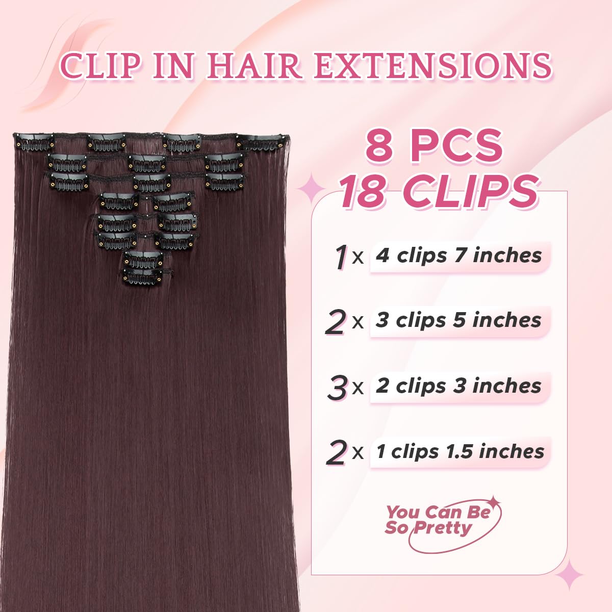 SEGO Pro Clip in Hair Extensions 8 Pcs 18 Clips Full Head Synthetic Fiber Hair Pieces for Women Straight 26 Inch (Wine Red) - Image 2