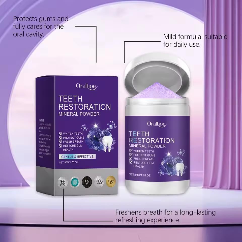 Teeth Restoration Mineral Powder, Purple, 1.76 oz, Gentle Whitening Formula with Gum Protection, Fresh Breath