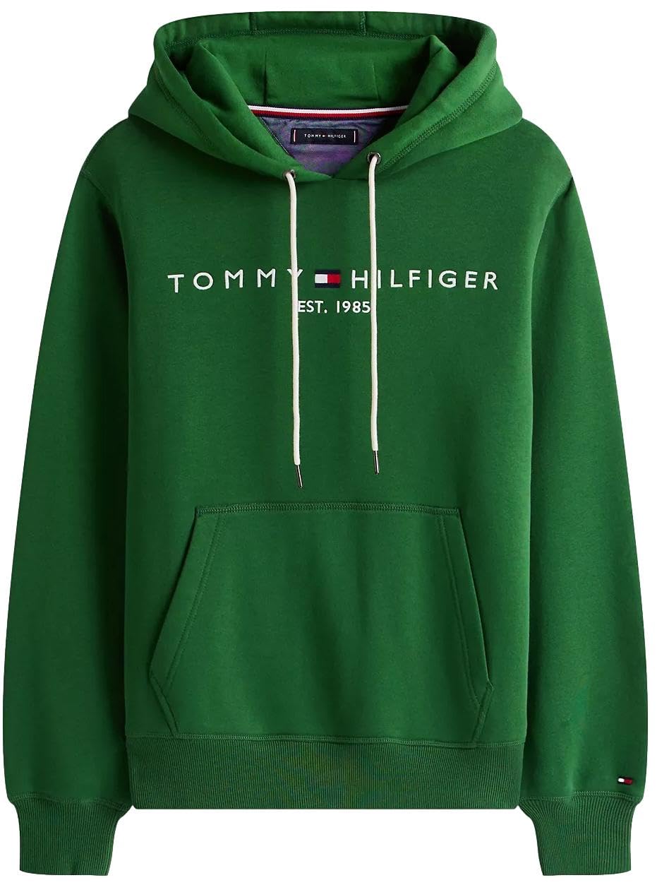 mens Embroidered Tommy Logo Fleece Pullover Hooded Sweatshirt, DpEvergreen, M