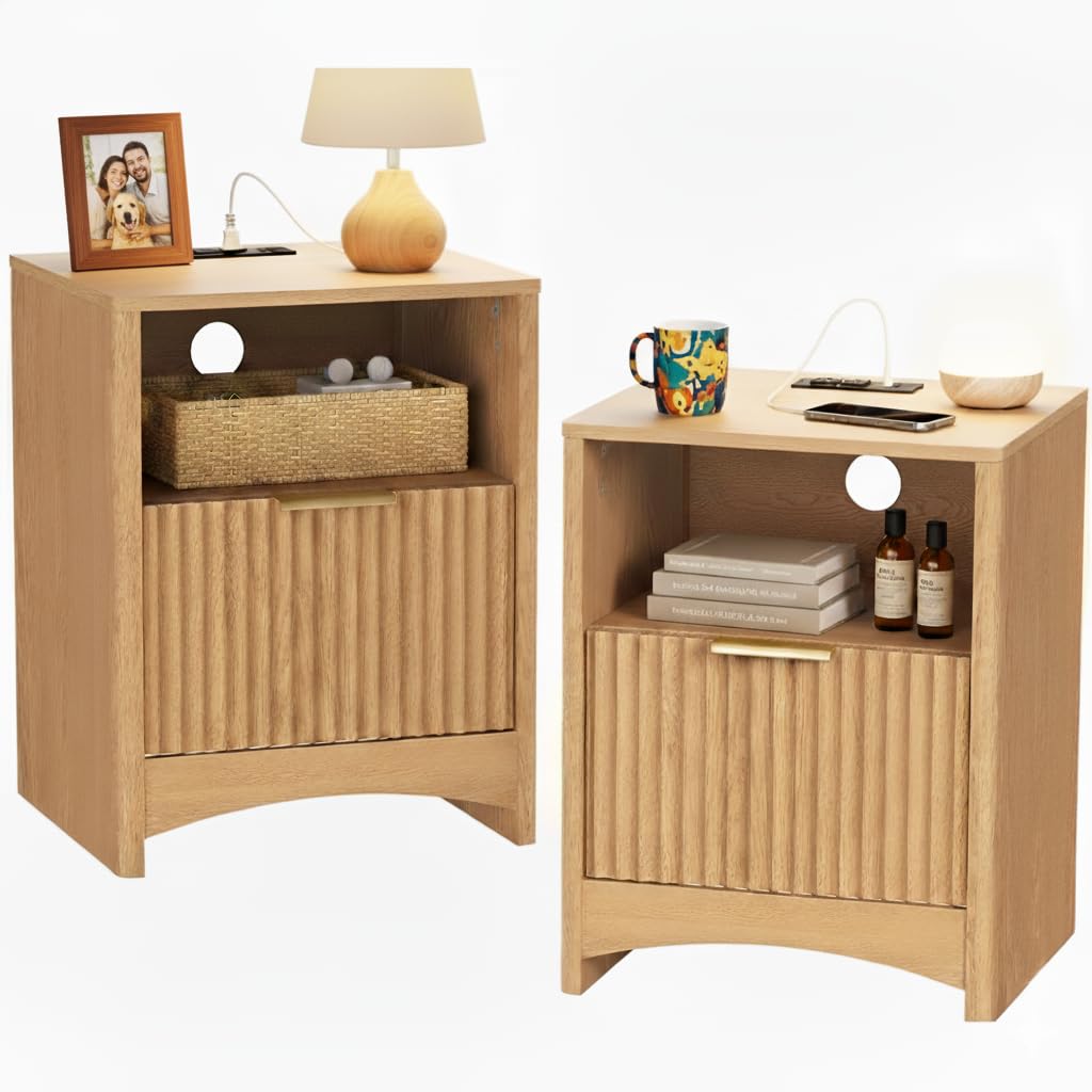 Pipishell Nightstands Set of 2 with Charging Station, Fluted Bedside Table with Storage & Drawers, Modern End Tables with USB & AC Outlets, Small Wood
