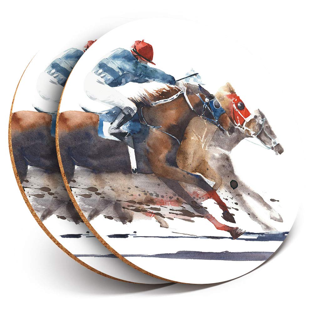 Destination Vinyl Ltd Multicolor 2 X Round Coasters - Horse Racing Jockey Race - Cork Backed Home Kitchen Accessory Tea Coffee Mug Mat #21697