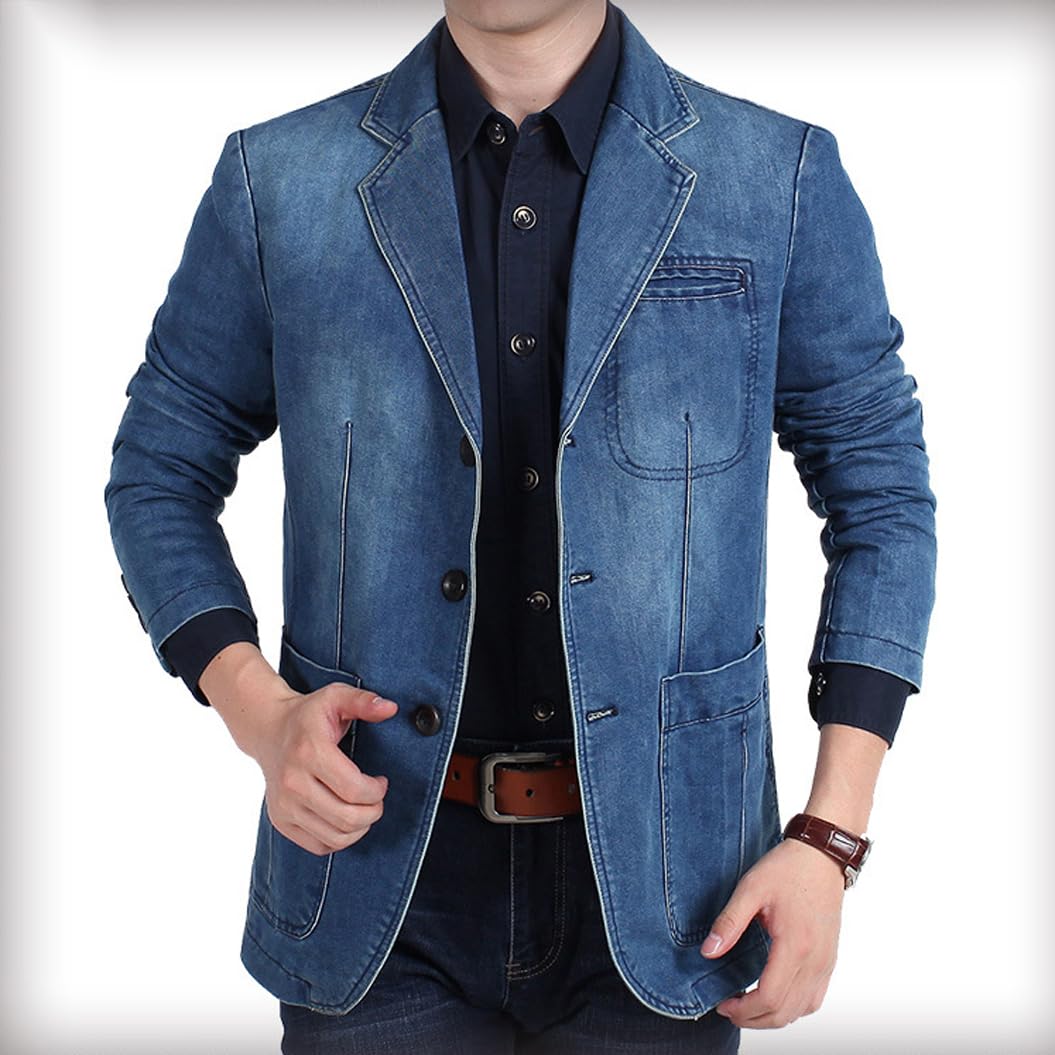 Męska marynarka dżinsowa, klasyczna, w stylu retro dopasowana bawełniana marynarka garniturowa, casualowa kurtka w stylu streetwear
