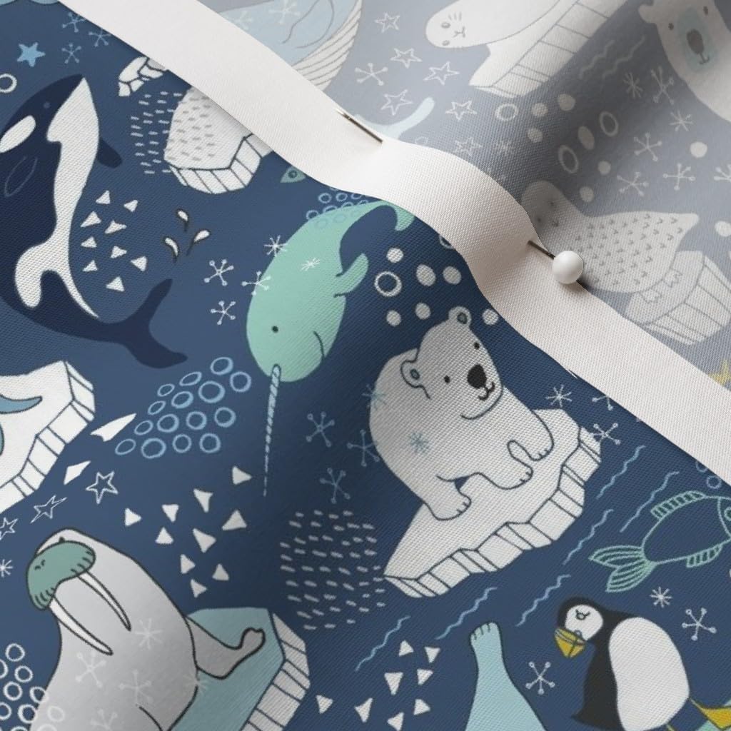Spoonflower Fabric - Arctic Animal Blue Mustard Medium Small Teal Polar Bears Puffins Ocean Printed on Cotton Poplin Fabric by The Yard - Sewing Shirting Quilting Dresses Apparel Crafts