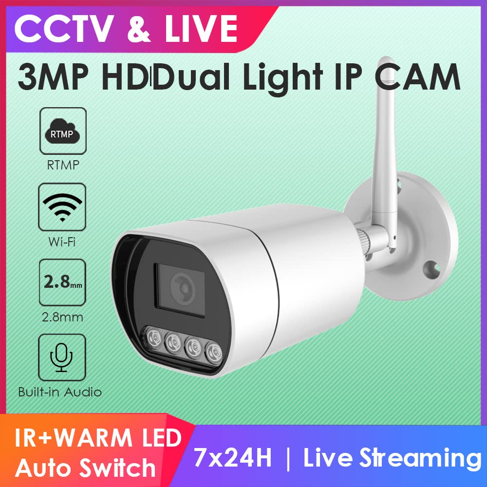 EXVIST 3MP Dual Light Bullet RTMP Kamera, HD 3MP kabellose IP-Kamera, kompatibel mit Hikvision, 2,8 mm, integriertes Audio, IP66, RTMP zu YouTube, Facebook usw.