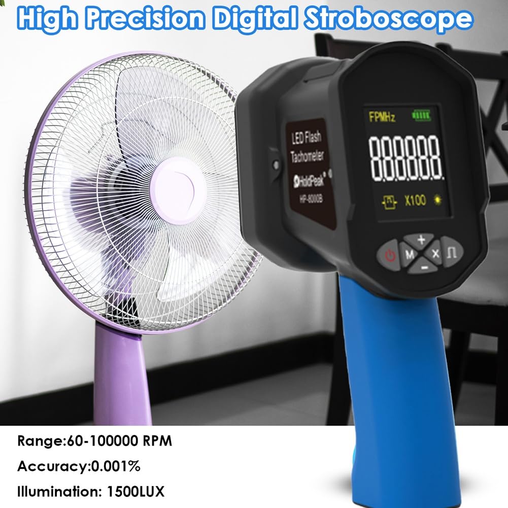 Estroboscopio Digital de Mano de 60 A 99999 FPM, Tacómetro con Luz Estroboscópica Sin Contacto, Alta Precisión, 0,001%, Flash LED, Azul