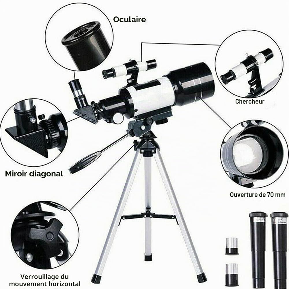 Télescope astronomique pour adultes et enfants débutants, télescope astronomique 150X, télescope 300 x 70 mm avec adaptateur trépied pour smartphone
