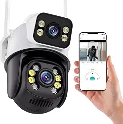 Câmera IP Sem Fio de Segurança Externa HD 3MP, Câmera de Visão Noturna Infravermelha WiFi, IP66 à Prova D'água e à Prova de Poeira, Chamada de Voz Bidirecional,Dupla Lente Grande Angular