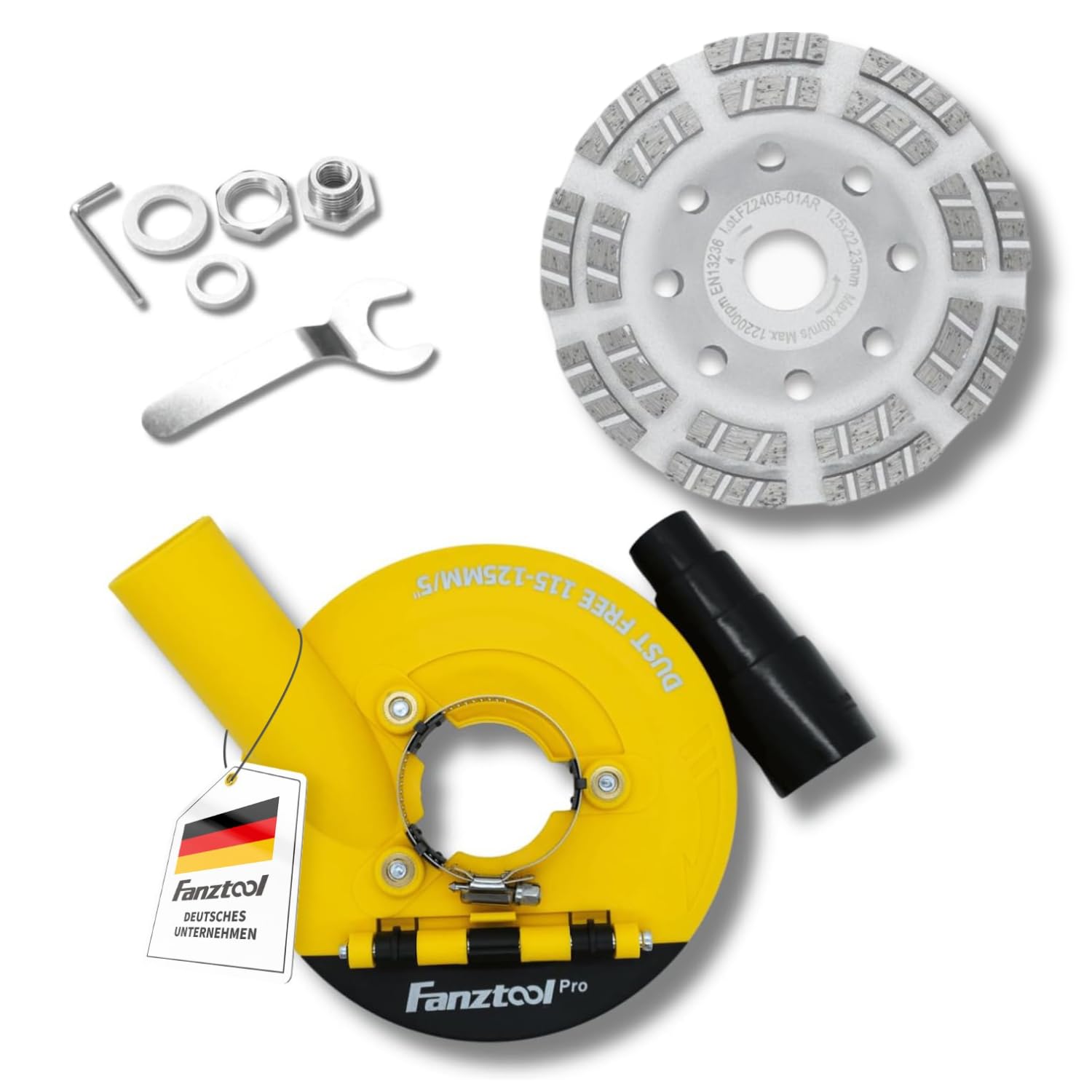 FANZTOOL Nuova Cuffia Aspirazione Smerigliatrice con Mola a Tazza Diamantata da 125 mm, Qualità Professionale, Spazzole a Molla Migliorate, Compatibilità Universale al 99%.