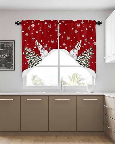 Miniatura 4 de BEMIGO Cortinas de cenefa de cocina con diseño de árbol de Navidad, diseño de copo de nieve, bonito muñeco de nieve rojo para cocina, baño,