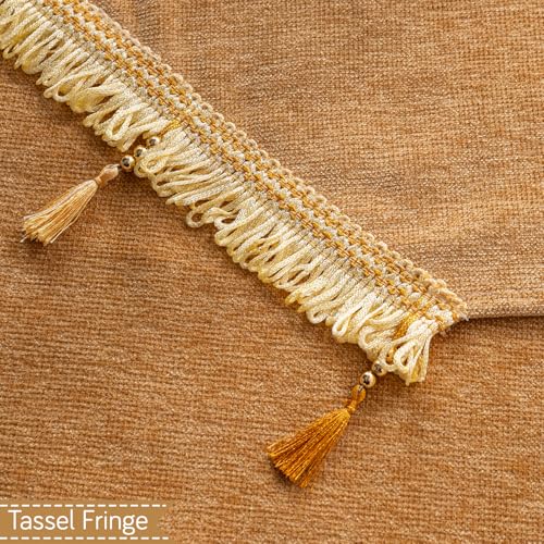 Image of HOKIPO 'Serenity Tassel' Chenille Sofa Arm Cover with Tassels - 1 Pair | Sunlit Amber (IN-893-GLD*2)
