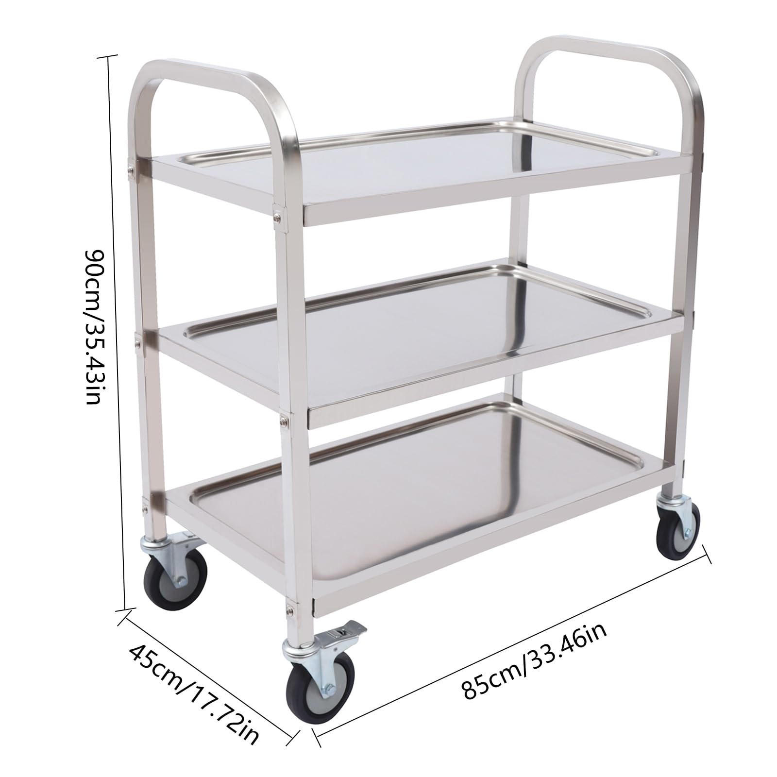 Carrello di Servizio in Acciaio Inox con 3 Bordi, Carrello da Cucina su Ruote con Freno di stazionamento e 4 rotelle, Carrello Commerciale per la ristorazione, 85 x 45 x 90 cm