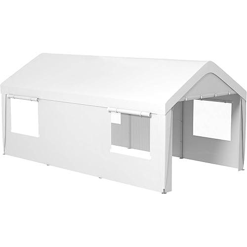 Outsunny Carport 10' x 20' Portable Garage, Heavy Duty Car Port Canopy with 2 Roll-up Doors & 4 Ventilated Windows for Car, Truck, Boat, Garden Tools, White