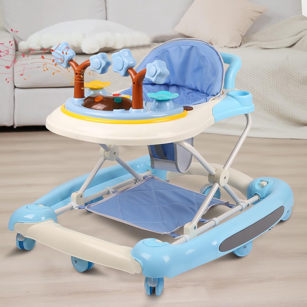 Andador de bebé 5 en 1, empujador plegable con música, altura ajustable en 5 posiciones, cuenco de comida desmontable, andador para bebé niña de 6 a 18 meses, 67 x 75 x 85 cm, color verde azulado