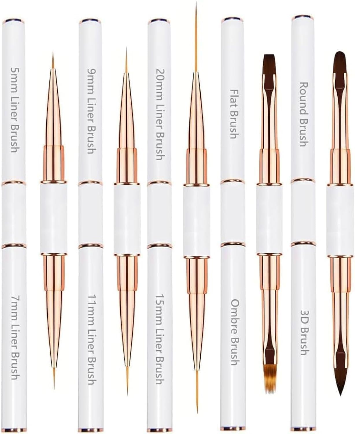 Professional 5pcs Double-Ended Acrylic Nail Brushes - Liner, Detail, Gel Builder, 3D Nail Art Tools (White)