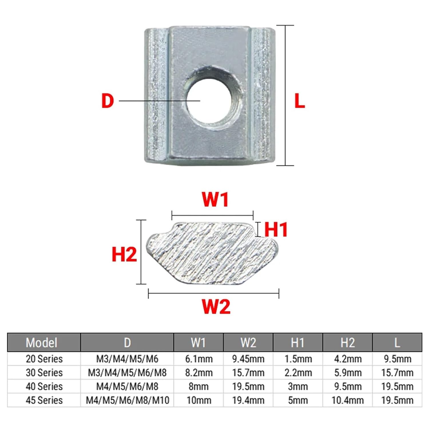 50Pcs M3-M10 Slot T-nut Sliding Nut for 2020 3030 4040 4545 Profile T Aluminum Extrusions Furniture(45-M4)