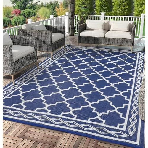 Garvee 9x18 Outdoor Rug, Extra Large Waterproof Patio Carpet, Reversible Plastic Straw Mat for Deck Backyard Balcony RV Camping, Easy Clean Portable Outdoor Mat,Dark Blue/White Dark Blue/Whi