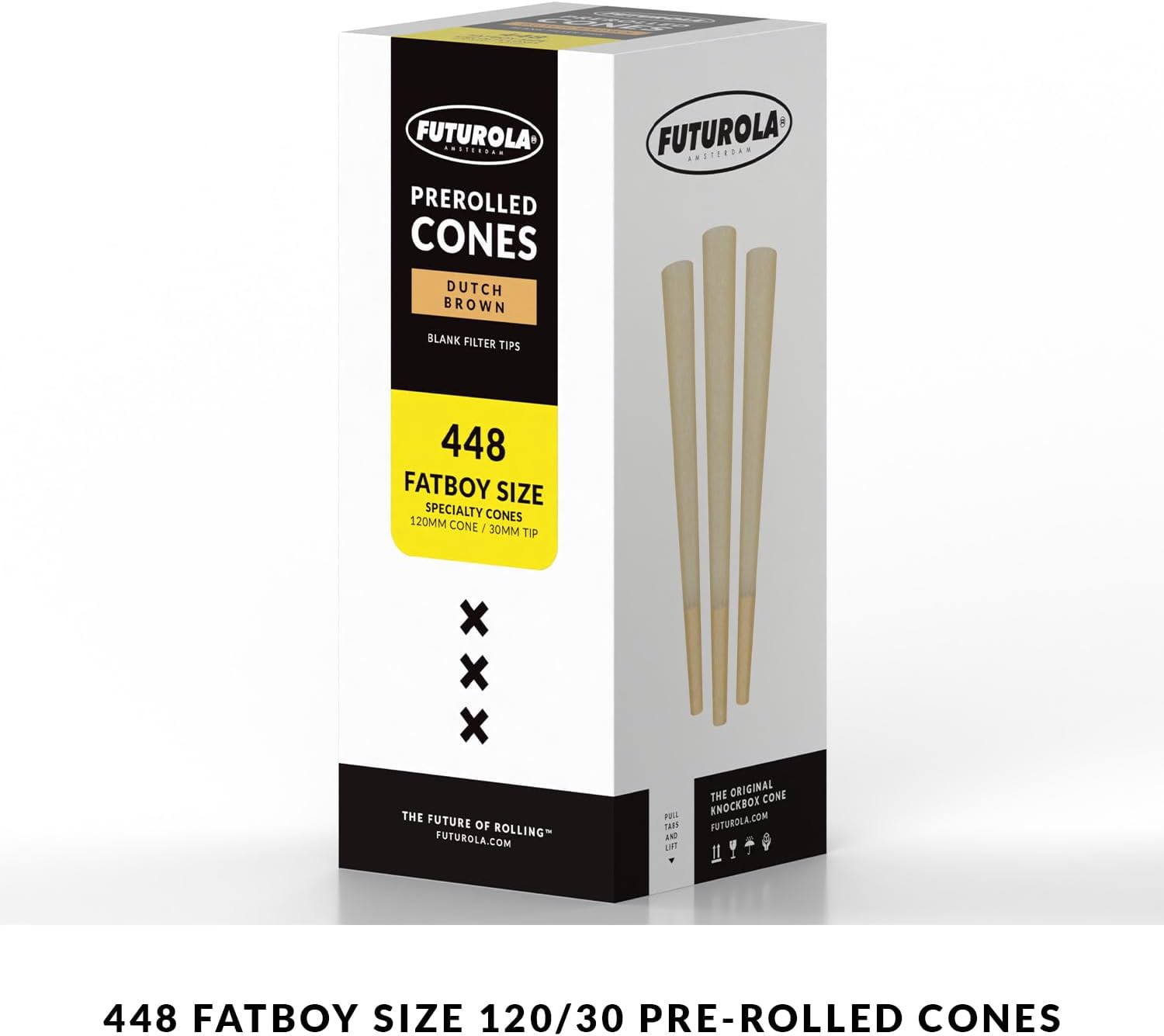 Futurola Fatboy Size 120/30 Pre-Rolled Cones, Blank Tip - Dutch Brown | 448 Artisanal Cones Handcrafted with Finest, Thinnest papers from France and Spain - Compatible with Knockbox Models