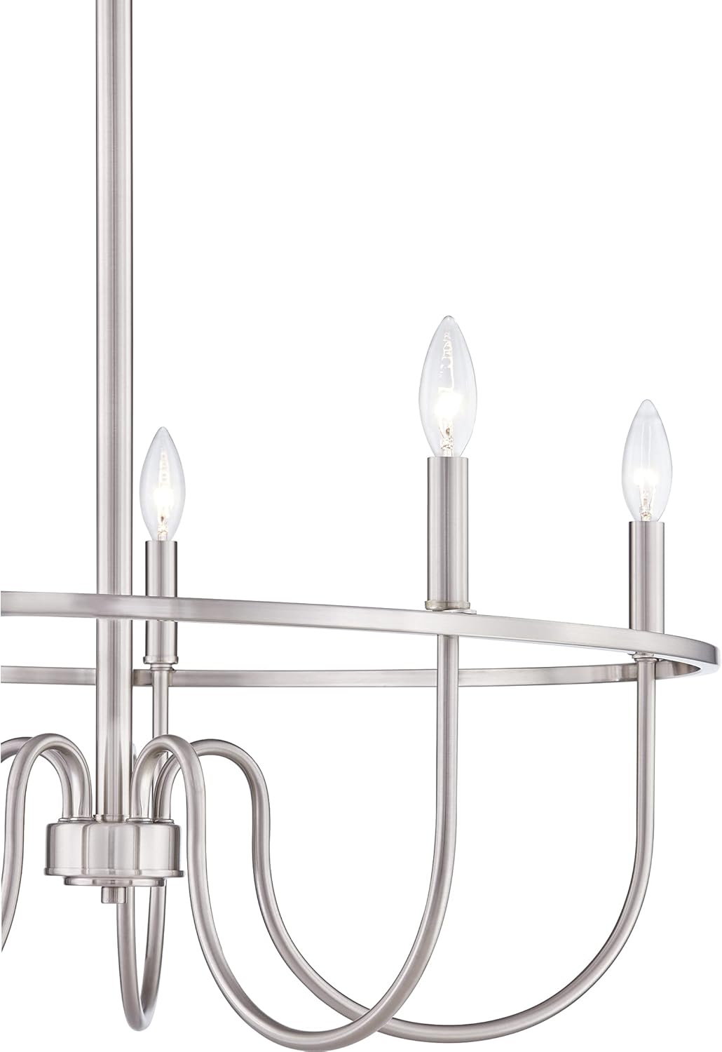 Close-up view of a single light socket and candelabra bulb on the chandelier