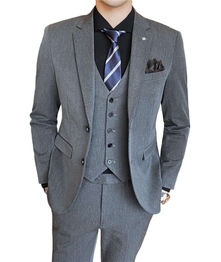 L'MONTE Imported 3 Piece Suit Blazer for Men Formal Slim Fit Two Button Closure Coat Vest & Pant Set for Business and Wedding Party (44, Grey) 1