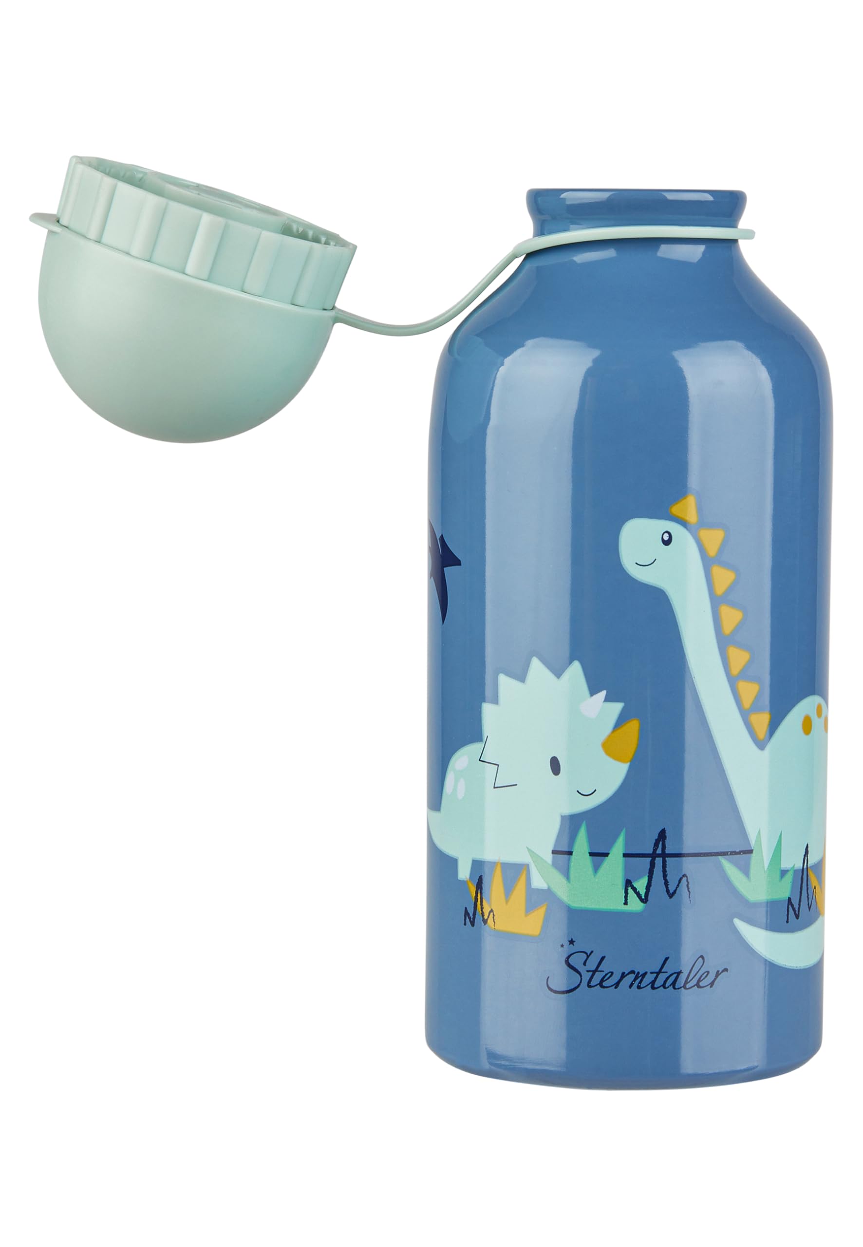 Sterntaler Gourde Dino Rexi - Pour enfant - En aluminium - Avec bouchon et capuchon de sécurité - Gourde de maternelle avec motif dinosaure - Pour la maison et les déplacements - Bleu moyen