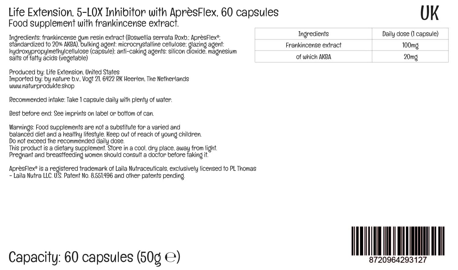 Life Extension, 5-LOX Inhibitor avec Après Flex, Extrait d'Encens, avec 20% d'AKBA, Haute Dosé, 60 Capsules végétaliennes, Sans Gluten, Végétarien, Sans Soja, Sans OGM
